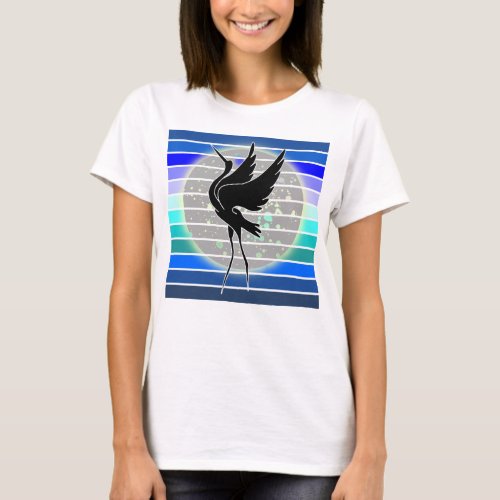 Blue Heron Majestic  Silhouette on Lake Full Moon T_Shirt