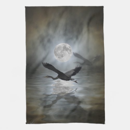 Blue Heron Moon Wildlife Tea Towel