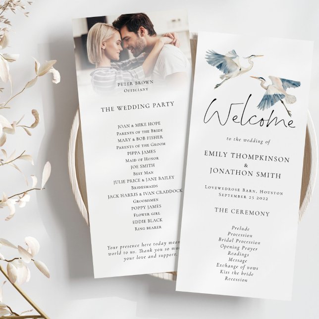 Blue Heron Photo Overlay Script Wedding Program (Front and back view)