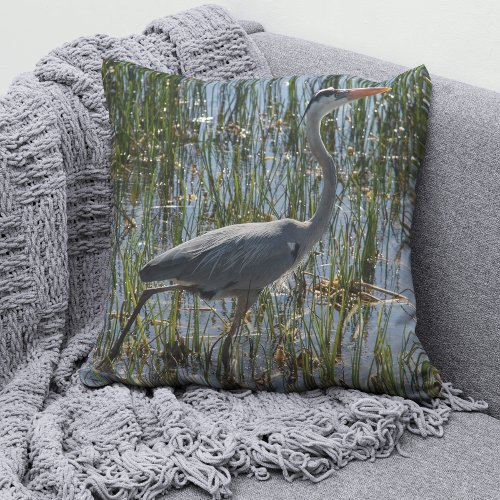 Blue Heron Photograph Wetlands Throw Pillow