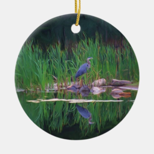 Blue Heron Reflection Pond Nature Ornament (Front)