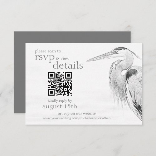 Blue Heron Sketch Wedding QR Code Details and RSVP Card
