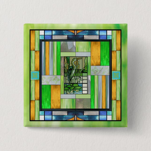 Blue Heron Stained Glass Button (Front)