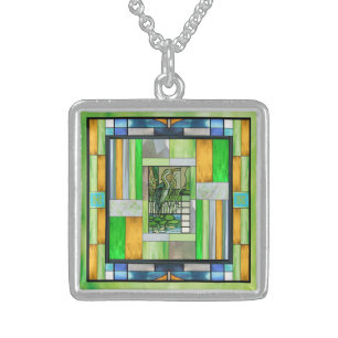 Blue Heron Stained Glass Sterling Silver Necklace