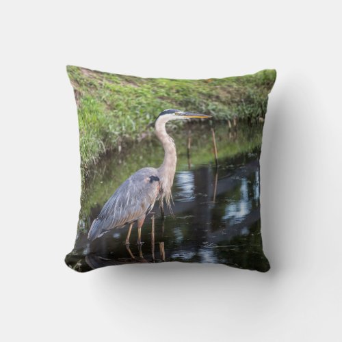 Blue Heron Wading in Water Throw Pillow