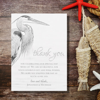 Blue Heron Water Bird Sketch Flat Wedding Thank You Card by TheBeachBum at Zazzle