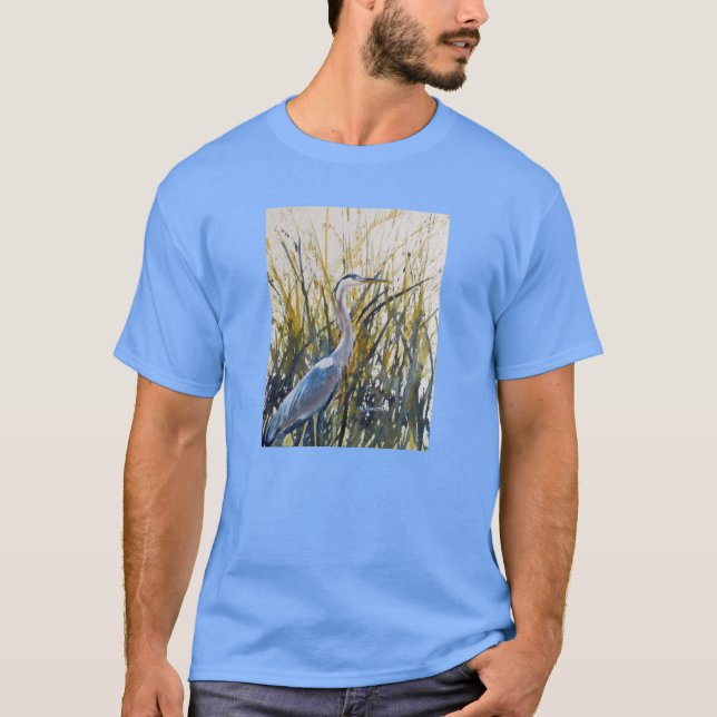 Blue Heron Watercolor Design T-Shirt (Front)