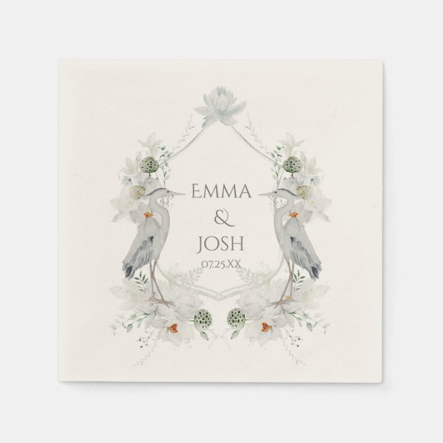 Blue Heron Waterfowl White Floral Ethereal Wedding Napkins (Front)