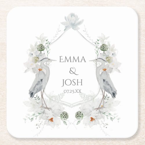 Blue Heron Waterfowl White Floral Ethereal Wedding Square Paper Coaster