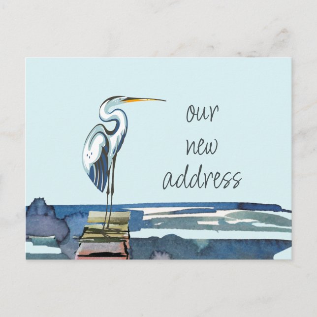 Blue Heron Waterfront Modern Script New Address Announcement Postcard (Front)