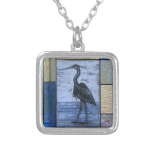 Blue Heron with Blues Silver Plated Necklace
