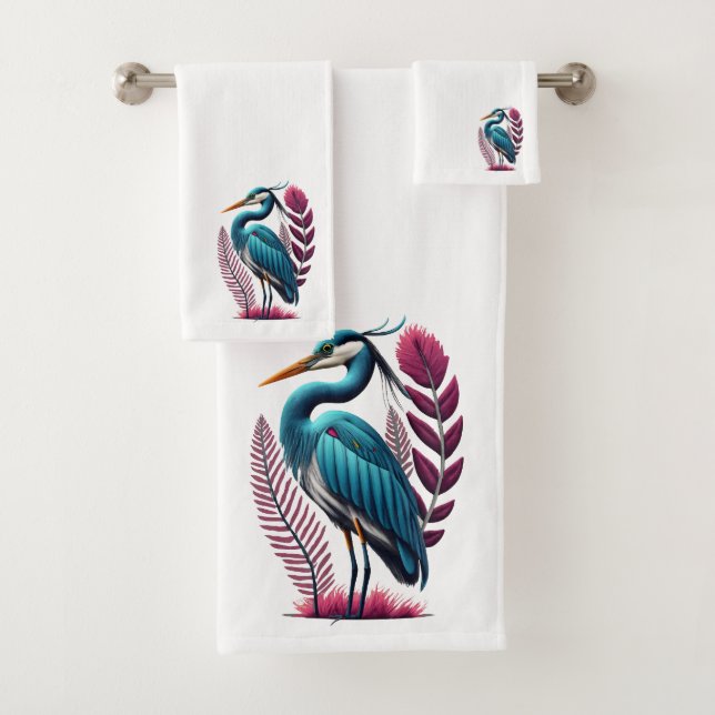 Blue Heron with Some Pink Feathers Serene Wildlife Bath Towel Set (Insitu)