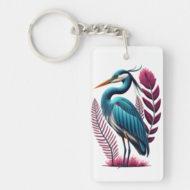 Blue Heron with Some Pink Feathers Serene Wildlife Keychain (Front)