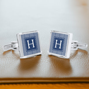 Blue Herringbone Pattern Monogram Silver Cufflinks