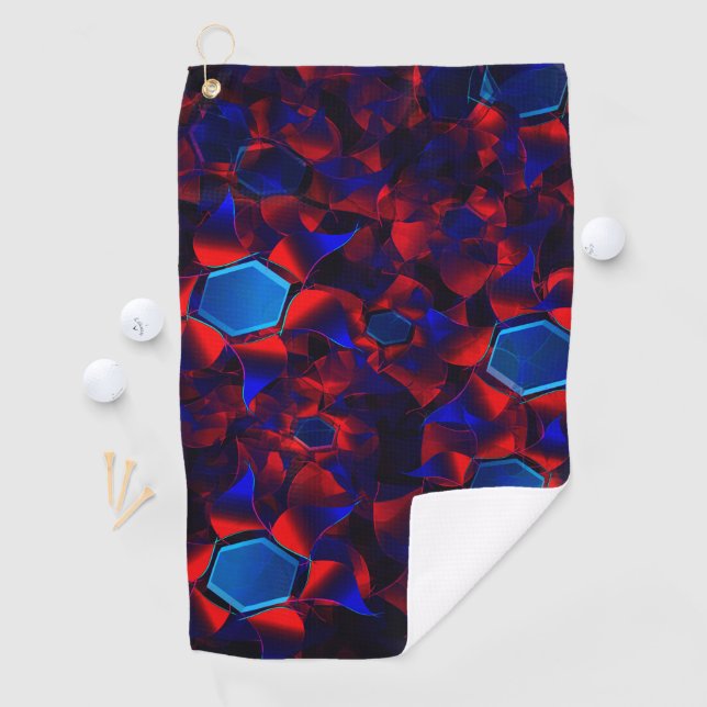 Blue hexagon mixed with overlapping red curves golf towel (InSitu)