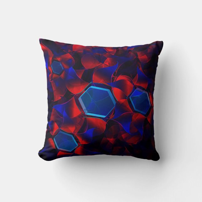 Blue hexagon mixed with overlapping red curves throw pillow (Front)