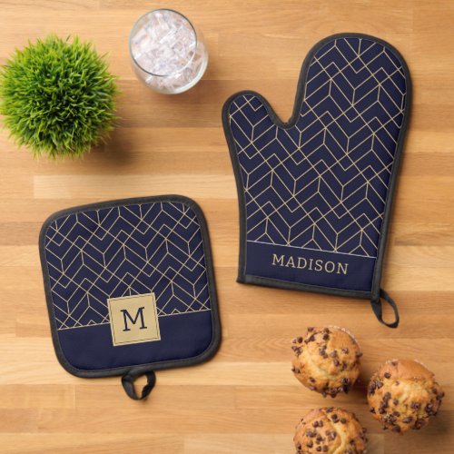 Blue Hexagon Pattern Oven Mitt  Pot Holder Set