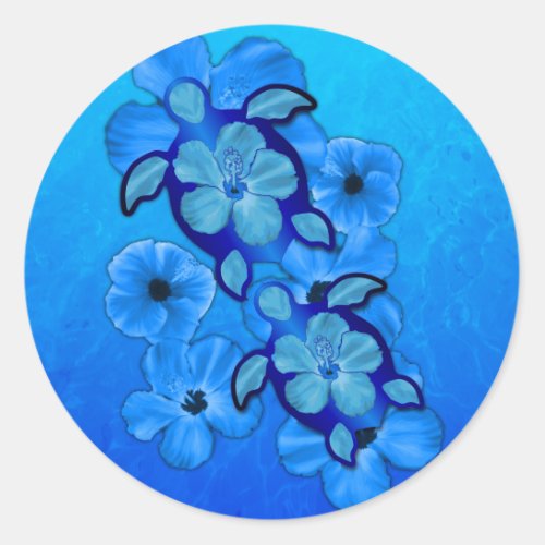 Blue Hibiscus And Honu Turtles Classic Round Sticker