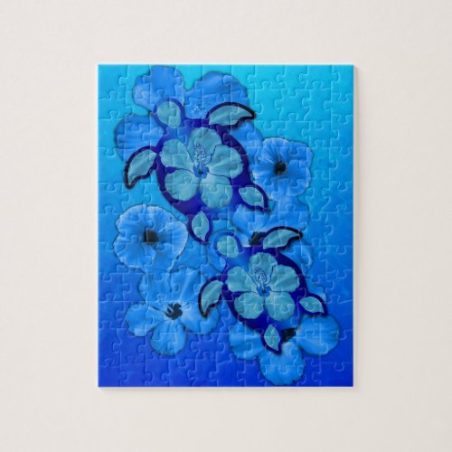 Blue Hibiscus And Honu Turtles Jigsaw Puzzle