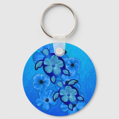 Blue Hibiscus And Honu Turtles Keychain