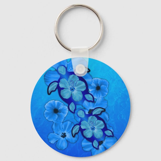 Blue Hibiscus And Honu Turtles Keychain (Front)