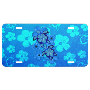 Blue Hibiscus And Honu Turtles License Plate