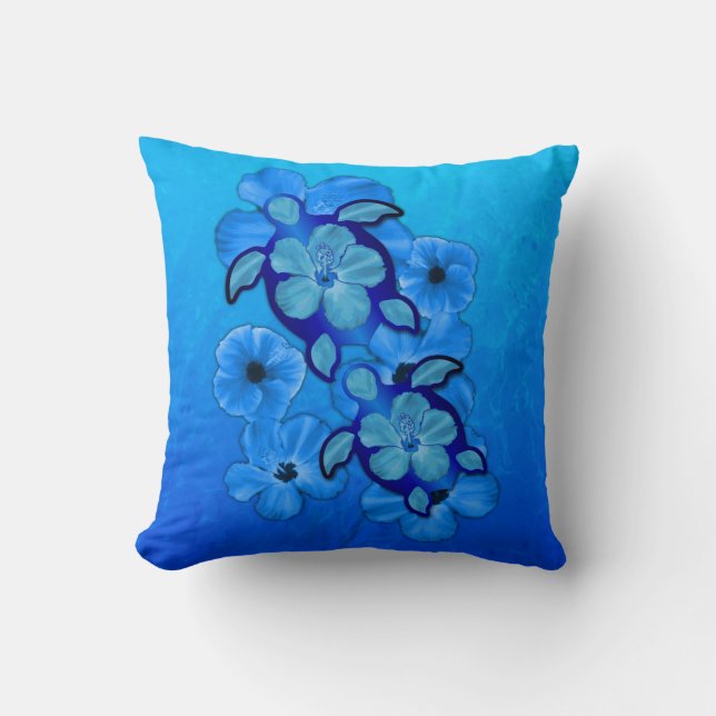 Blue Hibiscus And Honu Turtles Throw Pillow (Front)