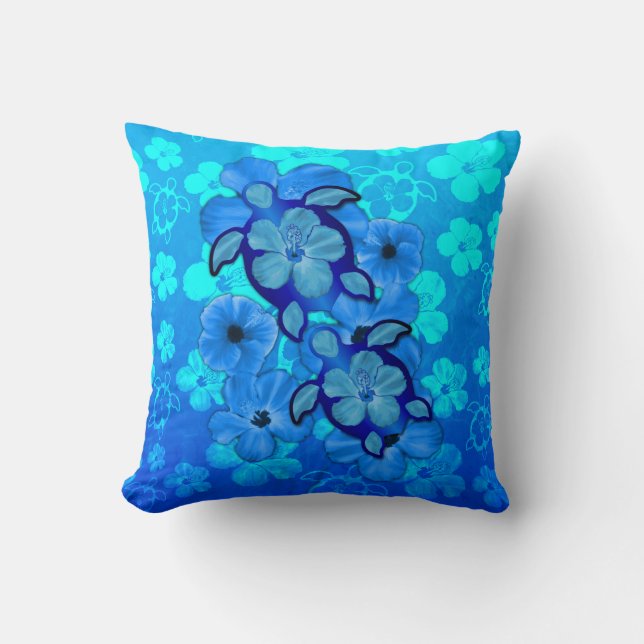 Blue Hibiscus And Honu Turtles Throw Pillow (Front)