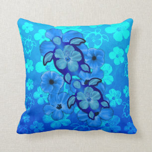 Blue Hibiscus And Honu Turtles Throw Pillow