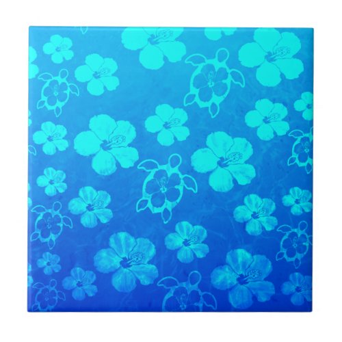 Blue Hibiscus And Honu Turtles Tile