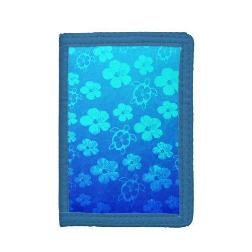 Blue Hibiscus And Honu Turtles Trifold Wallet