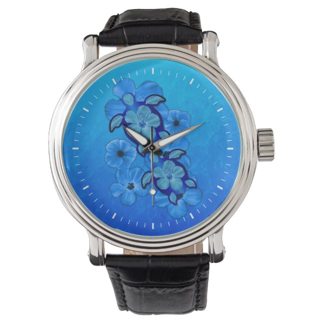 Blue Hibiscus And Honu Turtles Watch (Front)