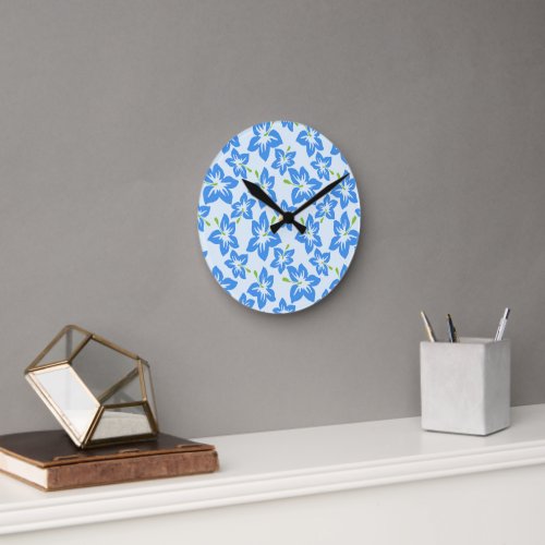 Blue Hibiscus Blue Flowers Pattern Of Flowers Round Clock