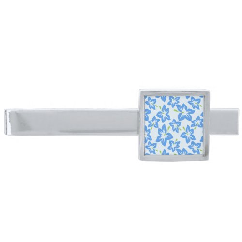 Blue Hibiscus Blue Flowers Pattern Of Flowers Silver Finish Tie Bar