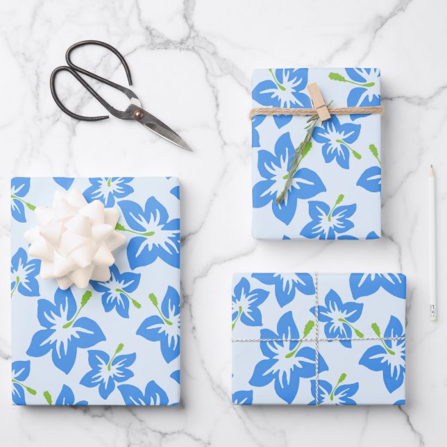 Blue Hibiscus, Blue Flowers, Pattern Of Flowers Wrapping Paper Sheets (Front)
