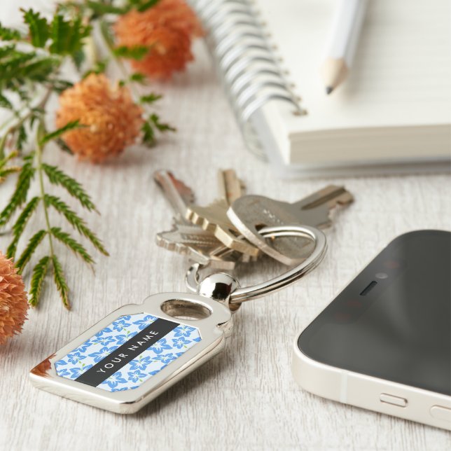 Blue Hibiscus, Blue Flowers, Your Name Keychain (Side)