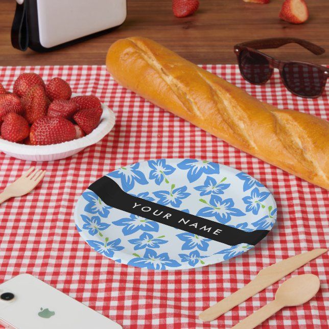 Blue Hibiscus, Blue Flowers, Your Name Paper Plates (Picnic)