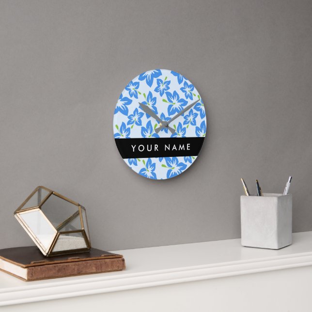 Blue Hibiscus, Blue Flowers, Your Name Round Clock (Office)