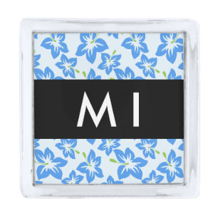 Blue Hibiscus, Blue Flowers, Your Name Silver Finish Lapel Pin