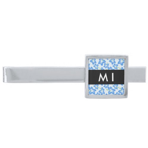 Blue Hibiscus Blue Flowers Your Name Silver Finish Tie Bar