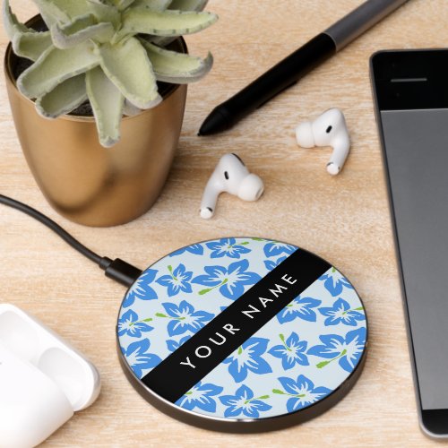 Blue Hibiscus Blue Flowers Your Name Wireless Charger