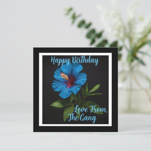 Blue Hibiscus Flower On Black, Flat Birthday Card (Standing Front)