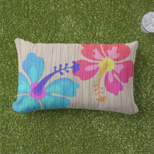 Blue Hibiscus Flowers Wood Look Rustic Tropical Lumbar Pillow