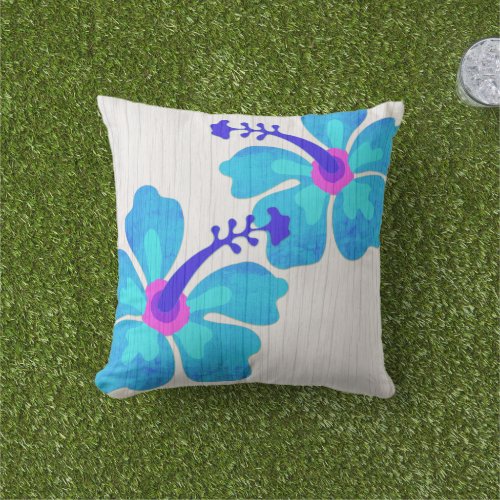 Blue Hibiscus Flowers Wood Look Rustic Tropical Outdoor Pillow