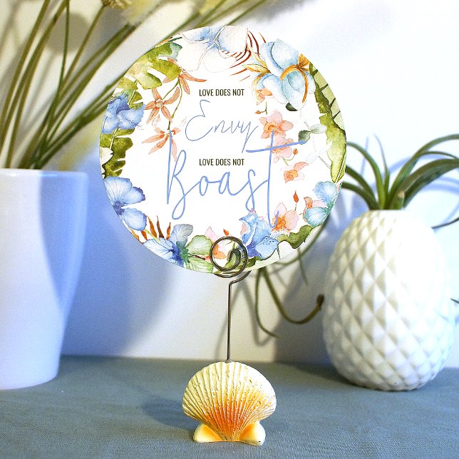 Blue Hibiscus Green Banana Leaves Sign Invitation (love does not envy love does not boast wedding table top sign blue tropical hibiscus flowers)