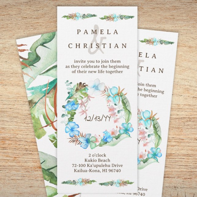 Blue Hibiscus, Green Tropical Leaves Wreath Invitation (Tropical natural light green, blue beach wedding, Hawaiian wedding invitation, hibiscus, monstera)