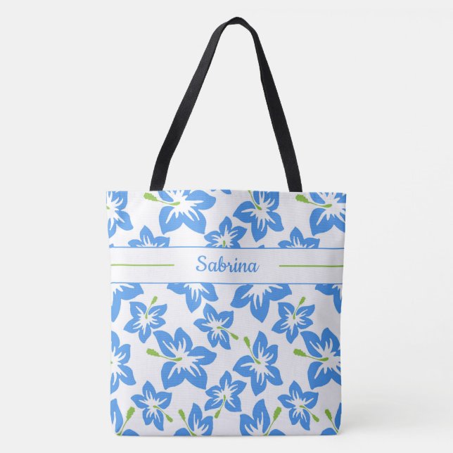 Blue Hibiscus Monogrammed Tote Bag (Front)