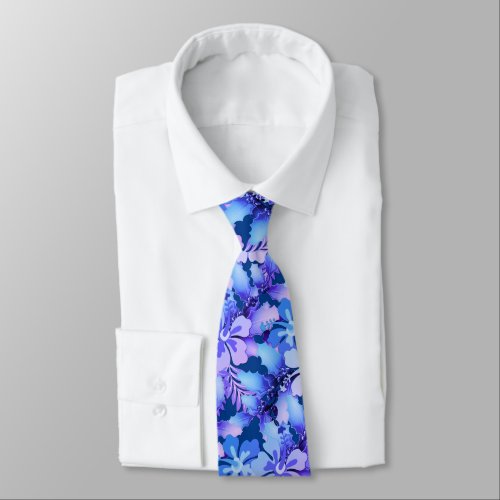 Blue Hibiscus n Holly Tropical Christmas Tie