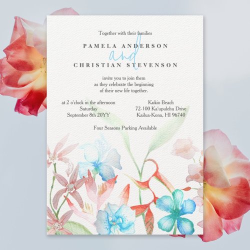 Blue Hibiscus Orange Heliconia Flowers Wedding Invitation