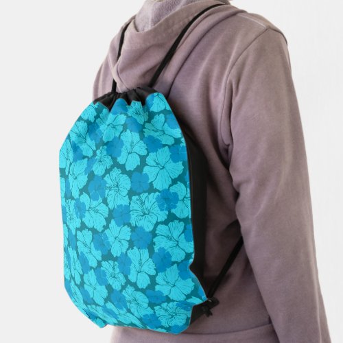 Blue hibiscus pattern drawstring bag